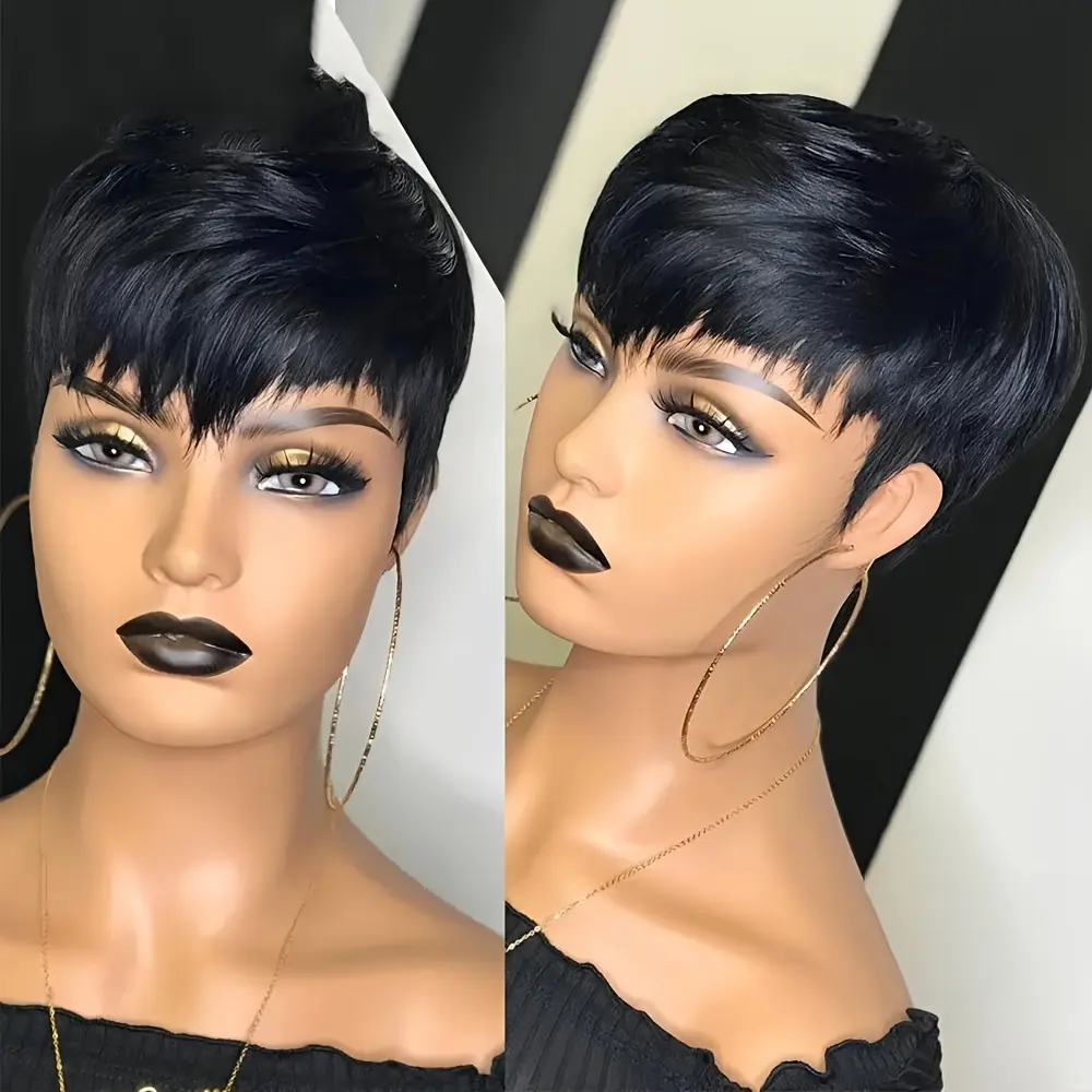 150% Density Pixie Cut Wig - Natural Black Human Hair with Bangs,  Brazilian Layered Short Wig for Women, Machine Made