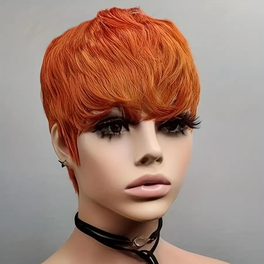 150% Density Pixie Cut Wig - Natural Black Human Hair with Bangs,  Brazilian Layered Short Wig for Women, Machine Made