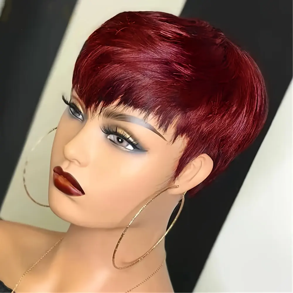 150% Density Pixie Cut Wig - Natural Black Human Hair with Bangs,  Brazilian Layered Short Wig for Women, Machine Made