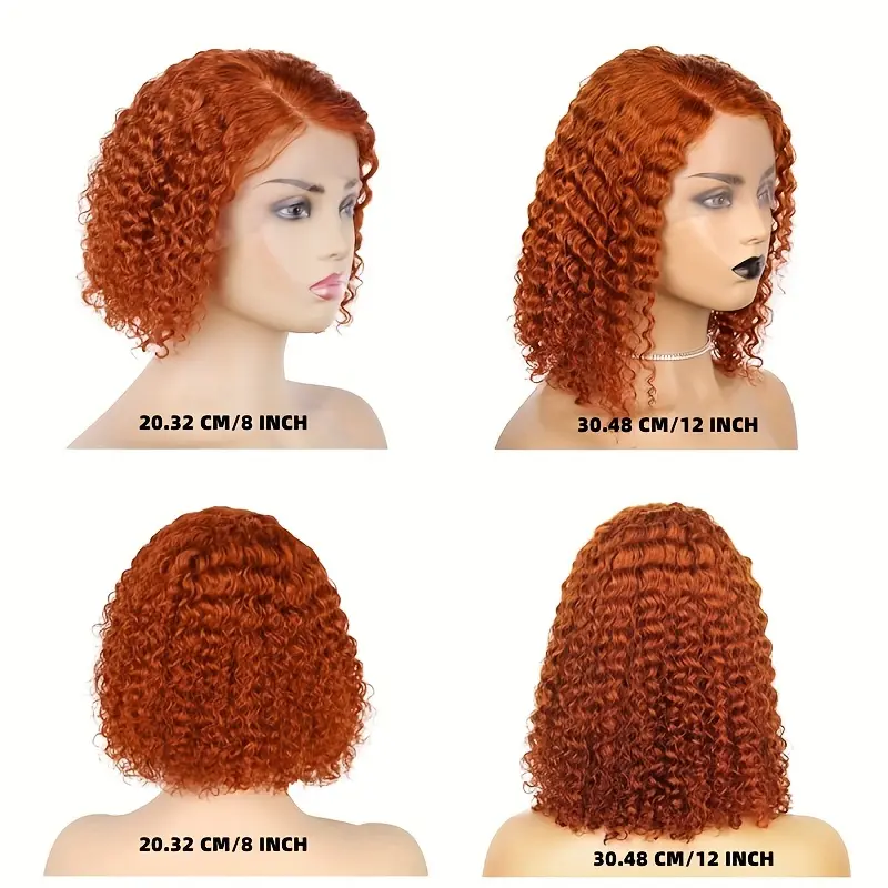 100% Remy Human Hair Ginger Orange Colored Curly Wave Short Bob 13x4 Transparent Lace Frontal  Human Hair Bob Wigs Brazilian Pre