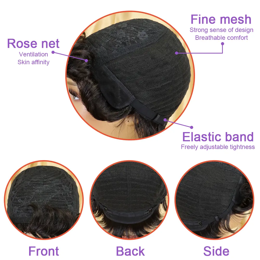 150% Density Pixie Cut Wig - Natural Black Human Hair with Bangs,  Brazilian Layered Short Wig for Women, Machine Made