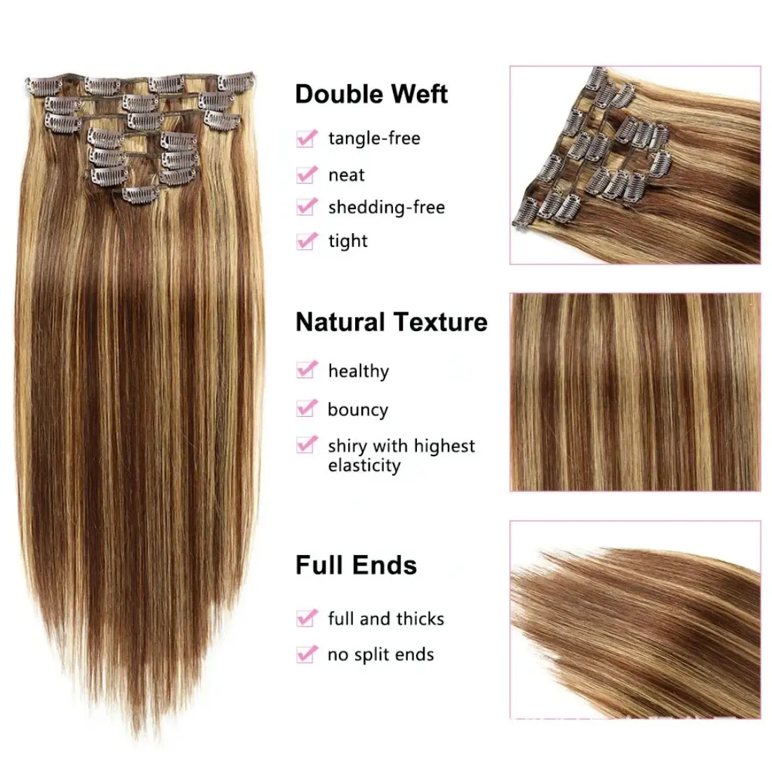 Clip in Hair Extensions for Women,Real Human Hair 4/27 Highlight Mix Blonde Remy Human Hair Extensions Human Hair Straight Seaml