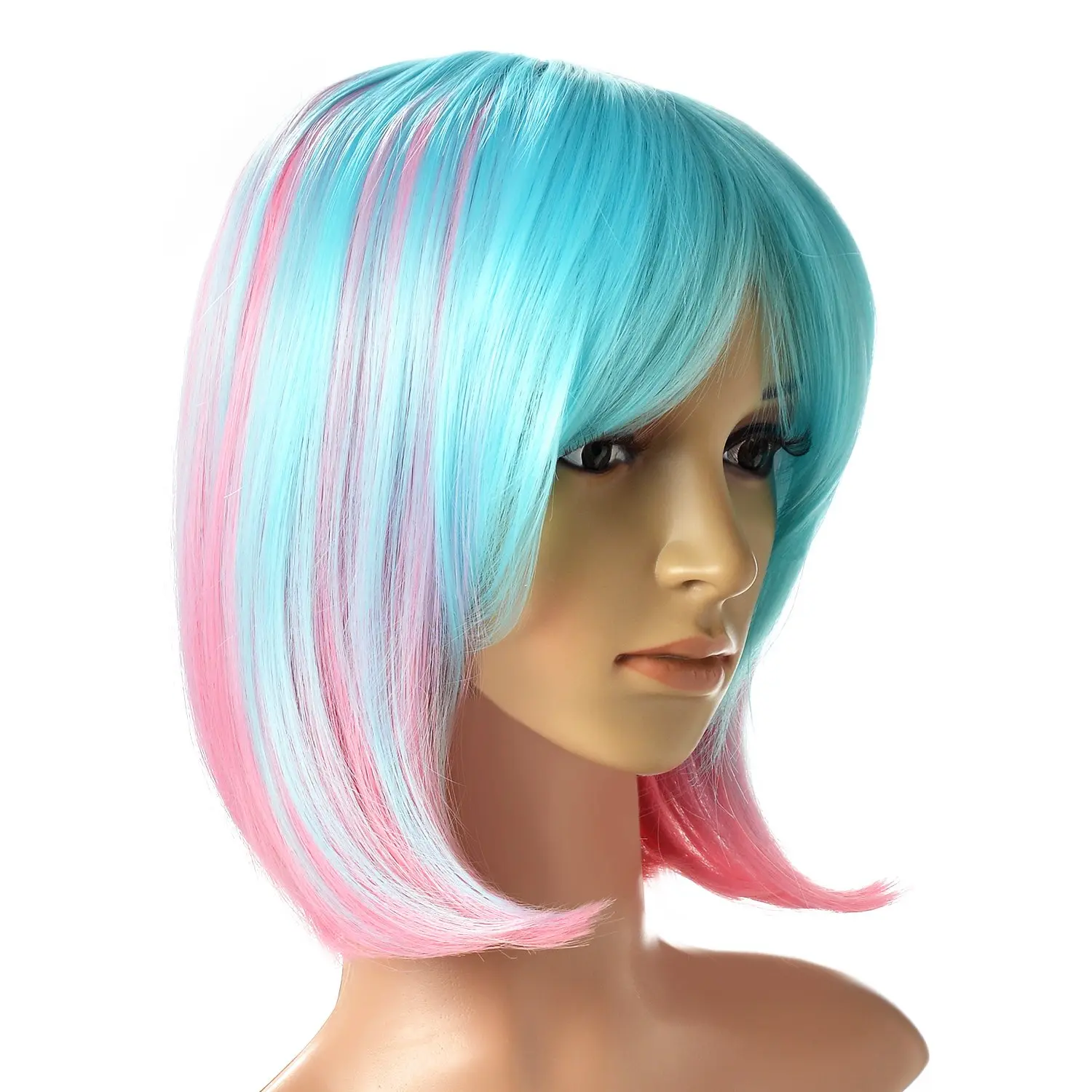 Short Synthetic Bob Wigs Ombre Blue to Pink Color Wig Hair with Bangs Cosplay Daily Party Use Natural Heat Resisitant