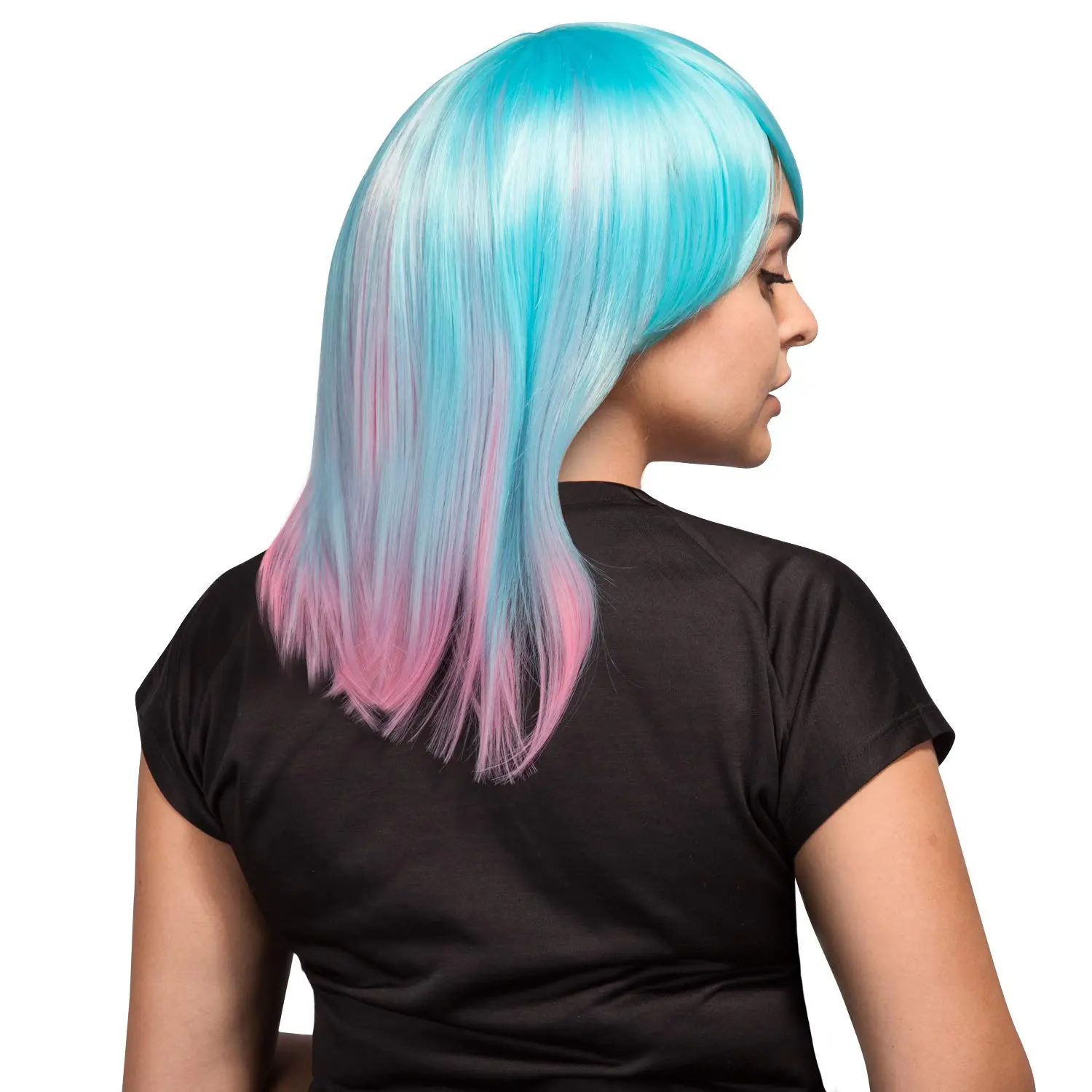 Short Synthetic Bob Wigs Ombre Blue to Pink Color Wig Hair with Bangs Cosplay Daily Party Use Natural Heat Resisitant