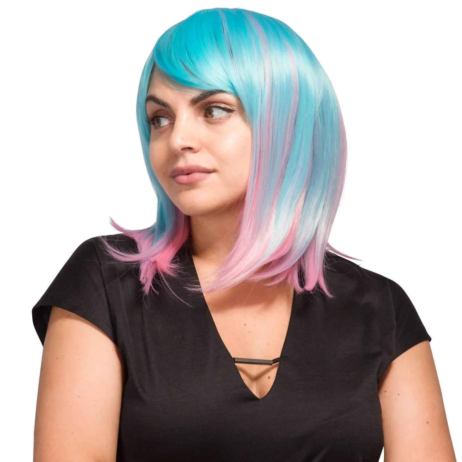 Short Synthetic Bob Wigs Ombre Blue to Pink Color Wig Hair with Bangs Cosplay Daily Party Use Natural Heat Resisitant