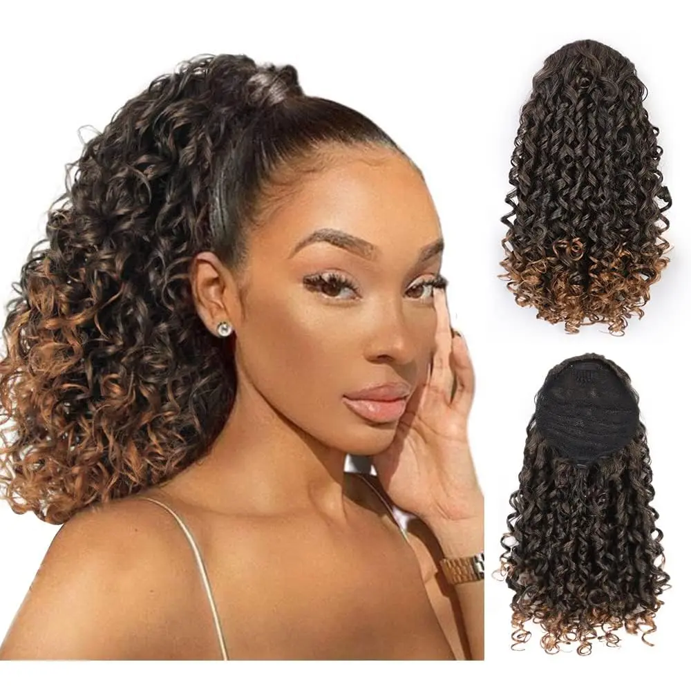 Curly Ponytail Extension for Black Women Drawstring Ponytail Hair Extensions 16 Inch Synthetic Pony Tail Mix Brown Fake Ponytail