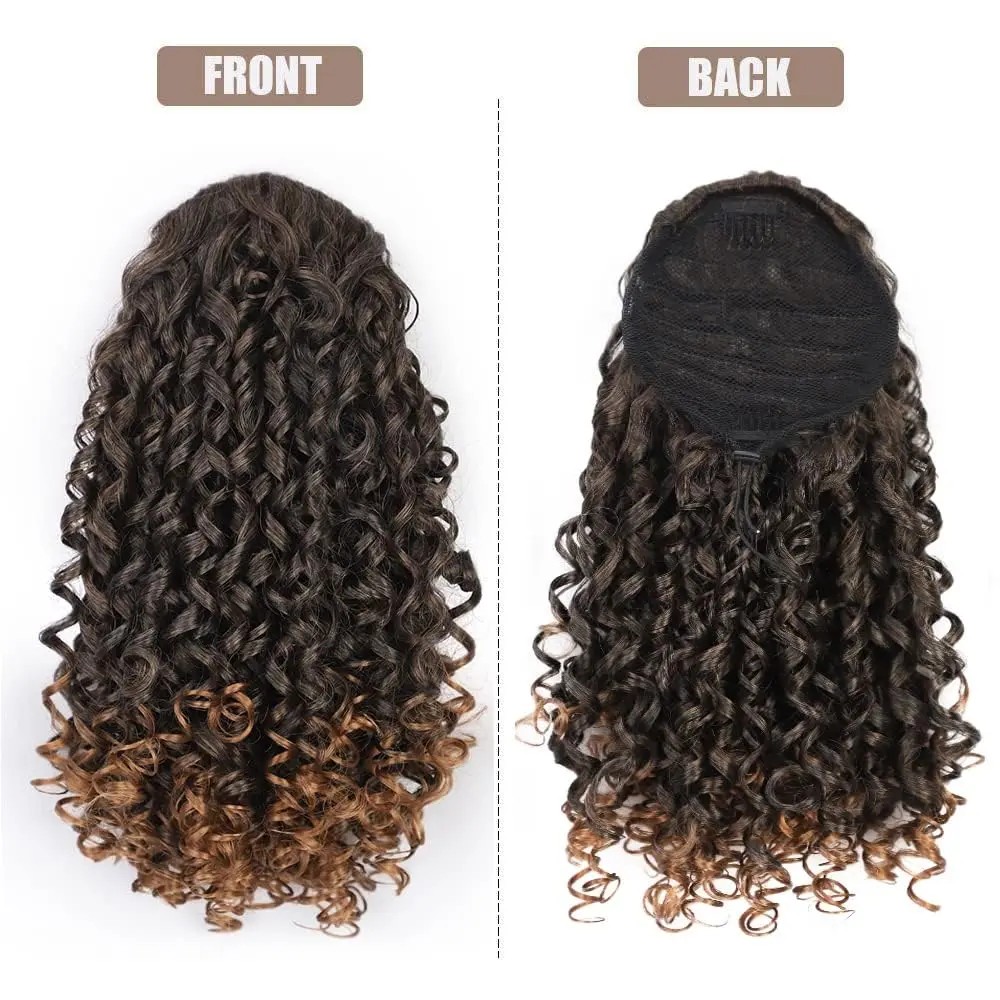 Curly Ponytail Extension for Black Women Drawstring Ponytail Hair Extensions 16 Inch Synthetic Pony Tail Mix Brown Fake Ponytail