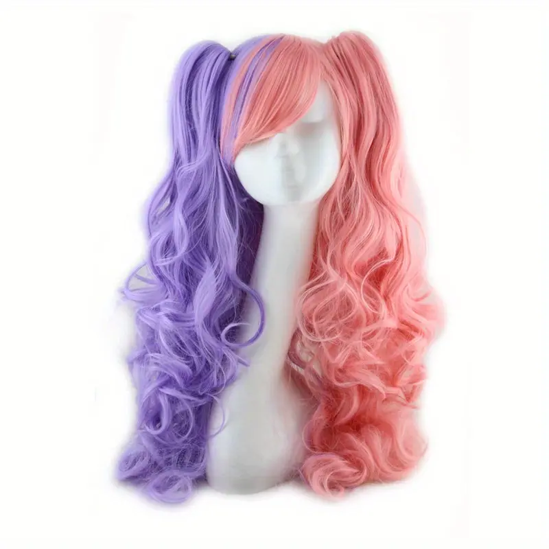 Long Curly Synthetic Wig for Halloween Clip On Ponytails Cosplay Wig Multi-color Black Red Pink Synthetic Hair wig