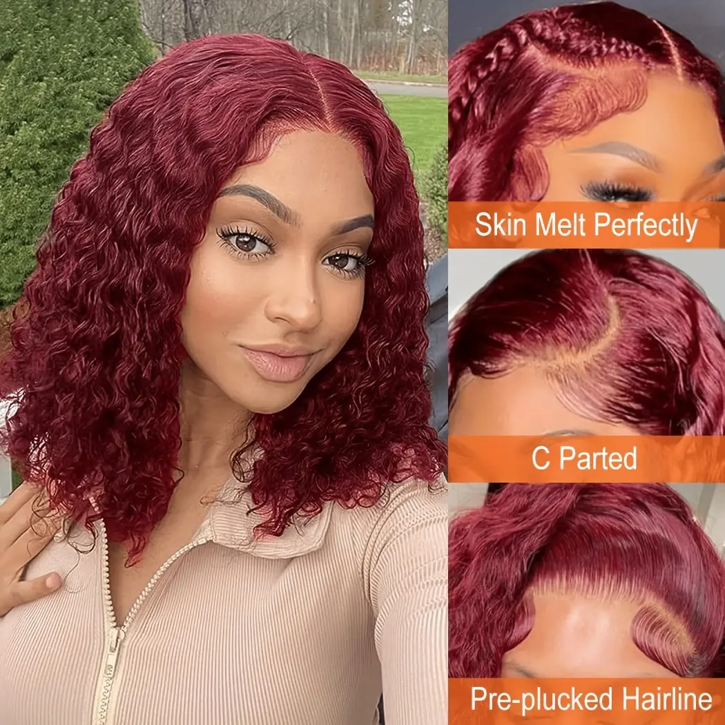 13x4 99J Burgundy Curly Lace Front Wigs Human Hair Bob Wigs Red Human Hair Pre Plucked Brazilian Hair Wigs 10-16inch