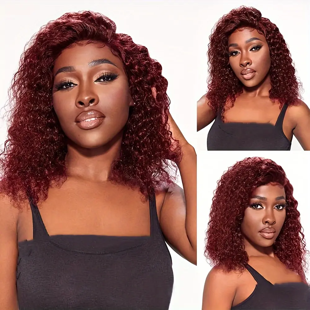 13x4 99J Burgundy Curly Lace Front Wigs Human Hair Bob Wigs Red Human Hair Pre Plucked Brazilian Hair Wigs 10-16inch