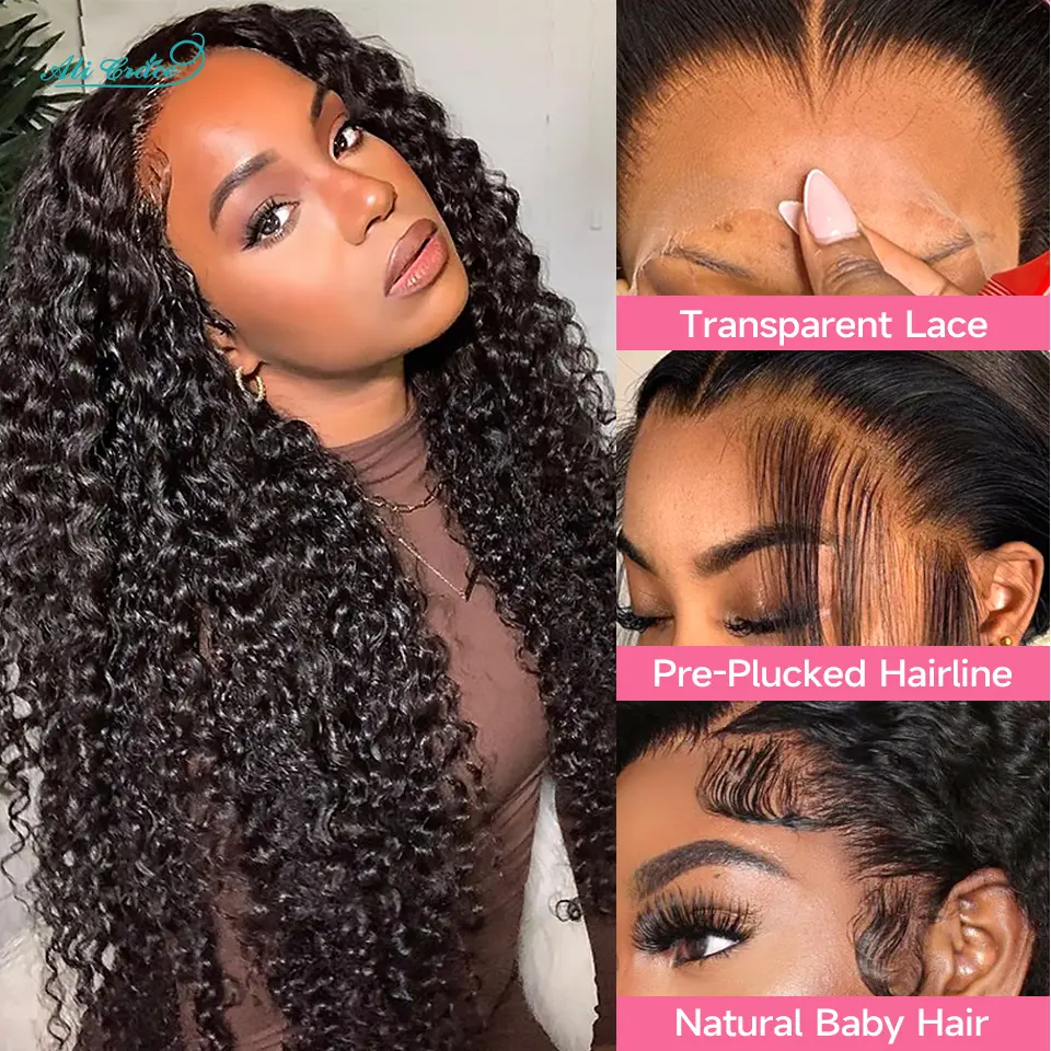 Deep Wave Closure Wigs 4x4 Lace Closure Human Hair Wigs Ali Grace Water Wave Brazilian Hair Pre-plucked Closure Wigs for Women