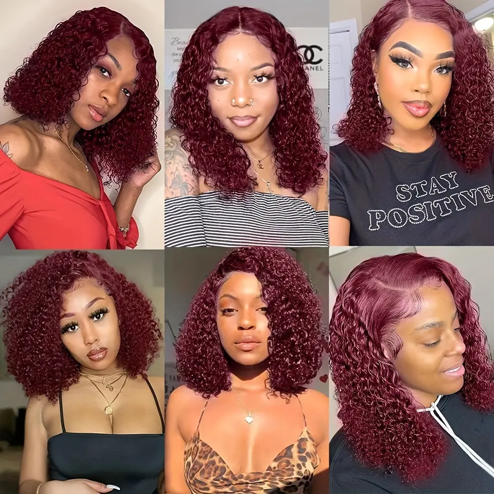 13x4 99J Burgundy Curly Lace Front Wigs Human Hair Bob Wigs Red Human Hair Pre Plucked Brazilian Hair Wigs 10-16inch