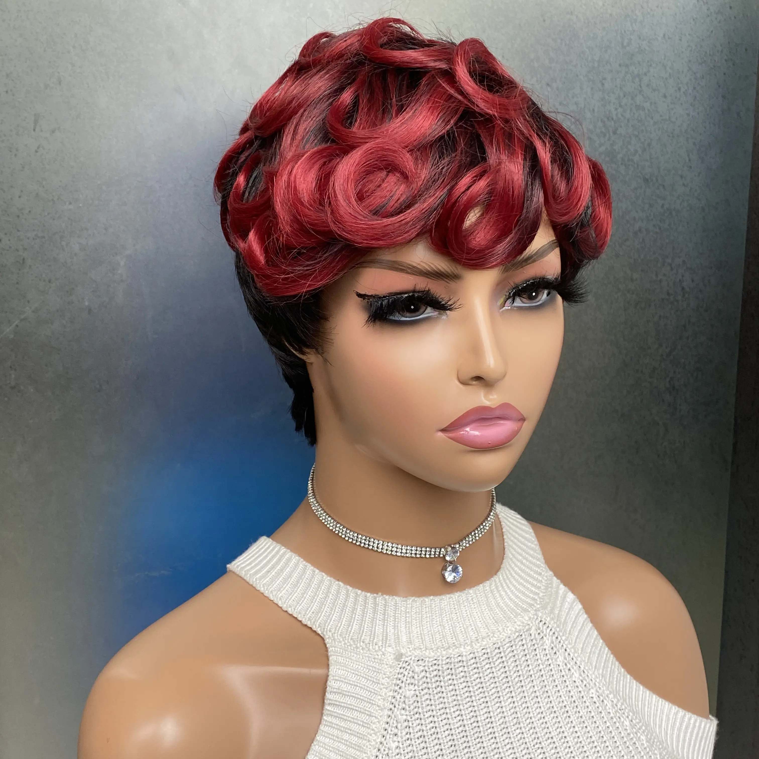 Synthetic wig Short Ombre Burgundy Hair Wigs for Black Women Afro Curly Hairstyles for Women Pixie Cut Wigs with Curly Bangs