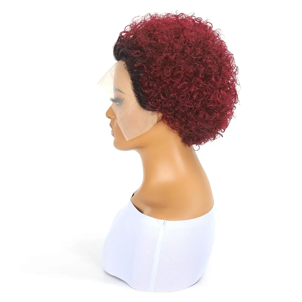 99J Burgundy Pixie Cut Wig Short Wavy Curly Human Hair Wigs 13x1 Transparent Lace Wig For Women