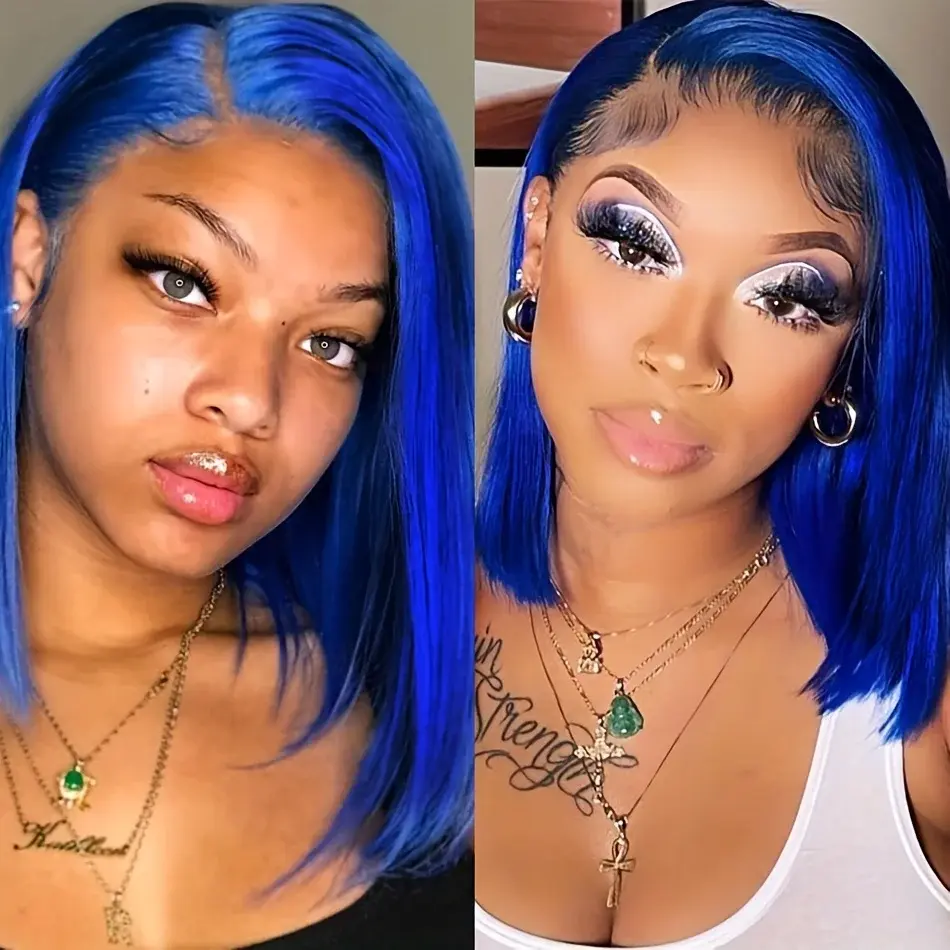 Straight Bob Cut Wigs 13x4 Transparent Lace Front Human Hair Wigs For Women 14 Inch 150% Density blue color bob human hair wig