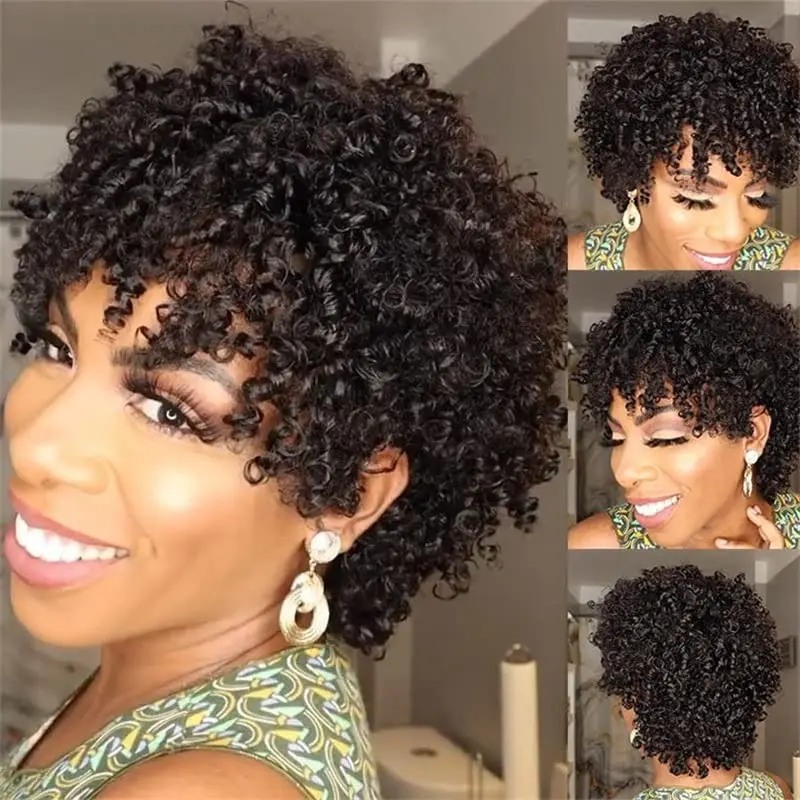 Short Human Hair Wigs Afro Kinky Curly 100% Human Hair Wig for Black Women Machine Made   Wig