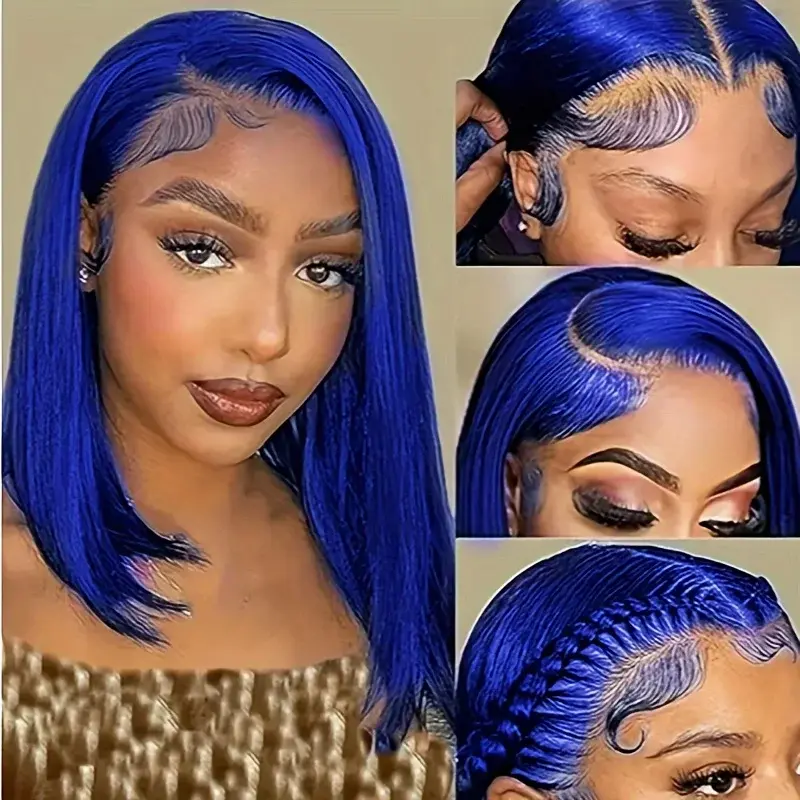 Straight Bob Cut Wigs 13x4 Transparent Lace Front Human Hair Wigs For Women 14 Inch 150% Density blue color bob human hair wig