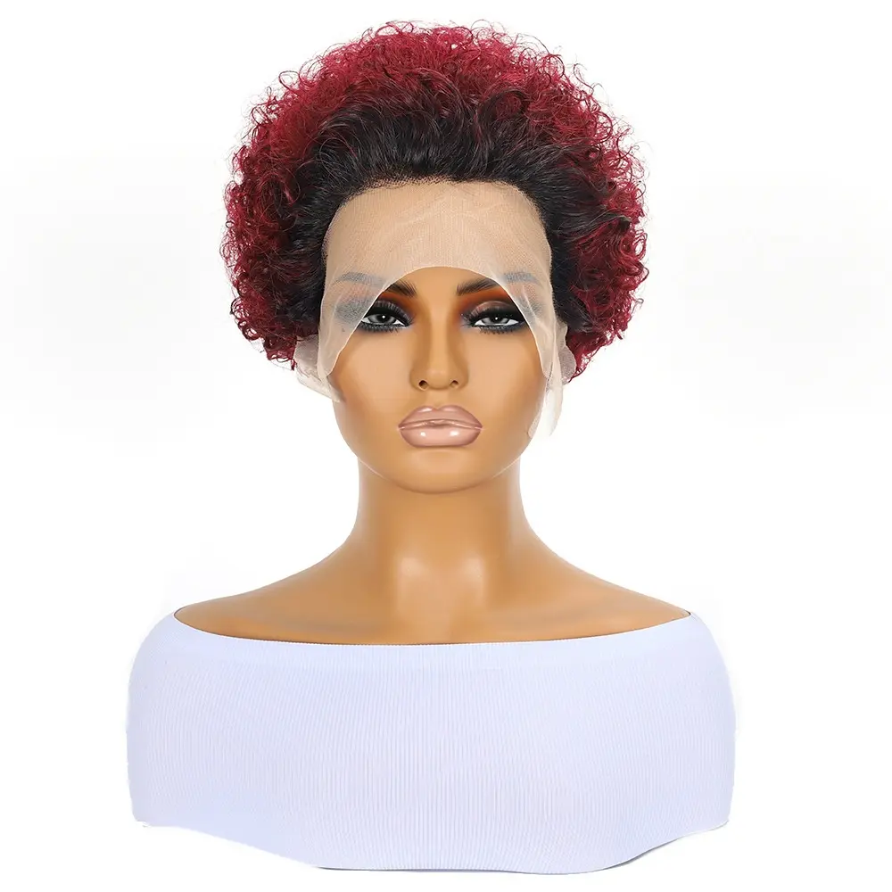 99J Burgundy Pixie Cut Wig Short Wavy Curly Human Hair Wigs 13x1 Transparent Lace Wig For Women