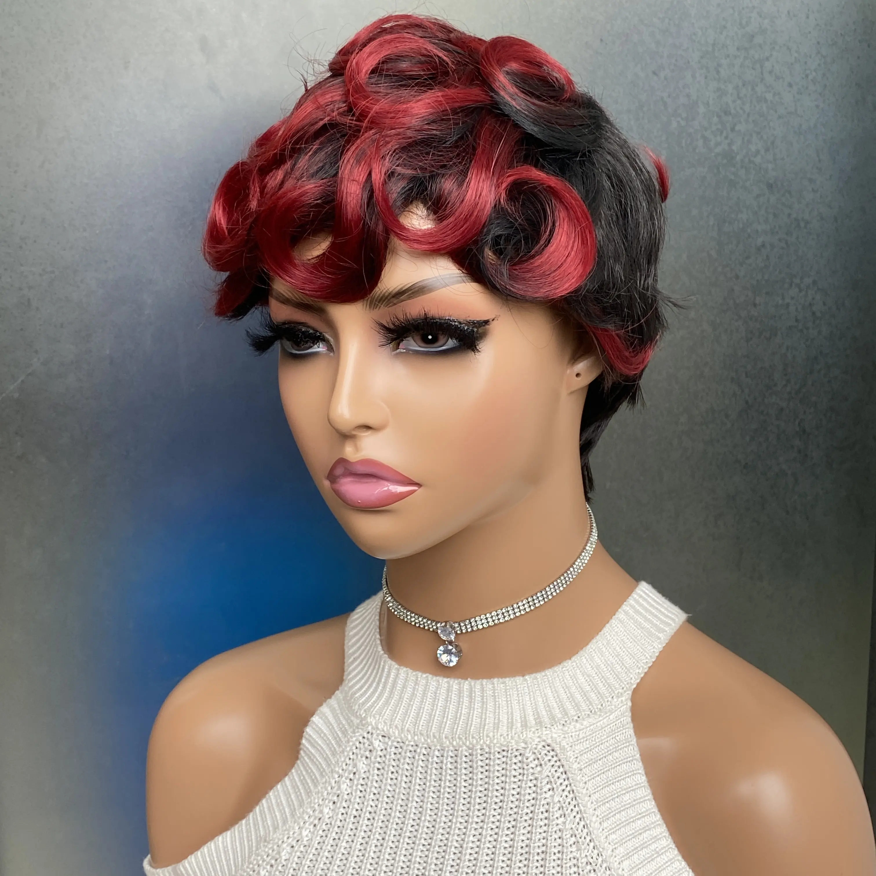 Synthetic wig Short Ombre Burgundy Hair Wigs for Black Women Afro Curly Hairstyles for Women Pixie Cut Wigs with Curly Bangs