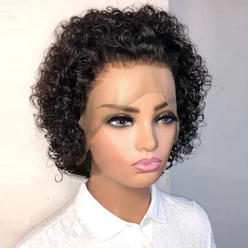 99J Burgundy Pixie Cut Wig Short Wavy Curly Human Hair Wigs 13x1 Transparent Lace Wig For Women