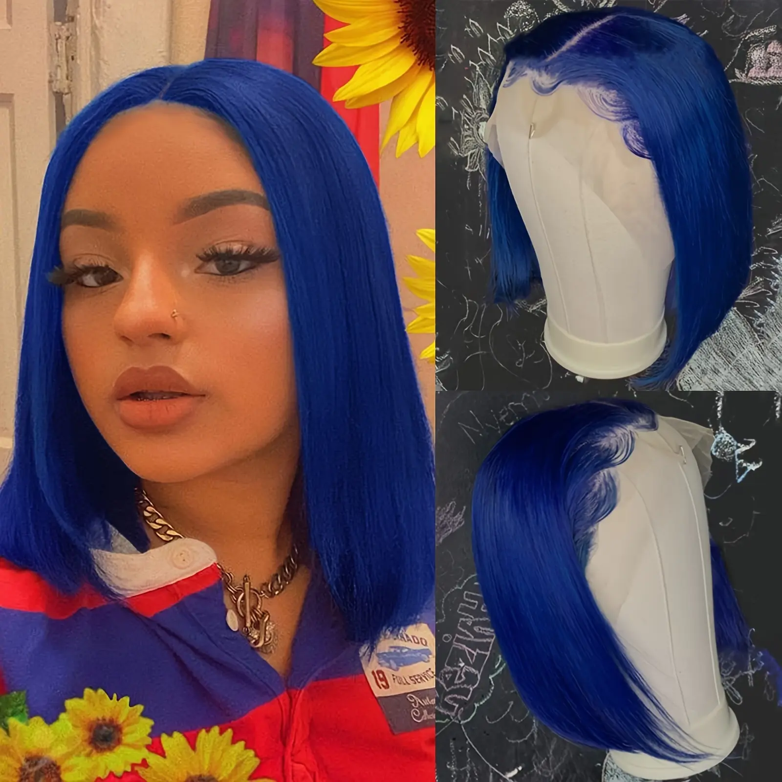 Straight Bob Cut Wigs 13x4 Transparent Lace Front Human Hair Wigs For Women 14 Inch 150% Density blue color bob human hair wig