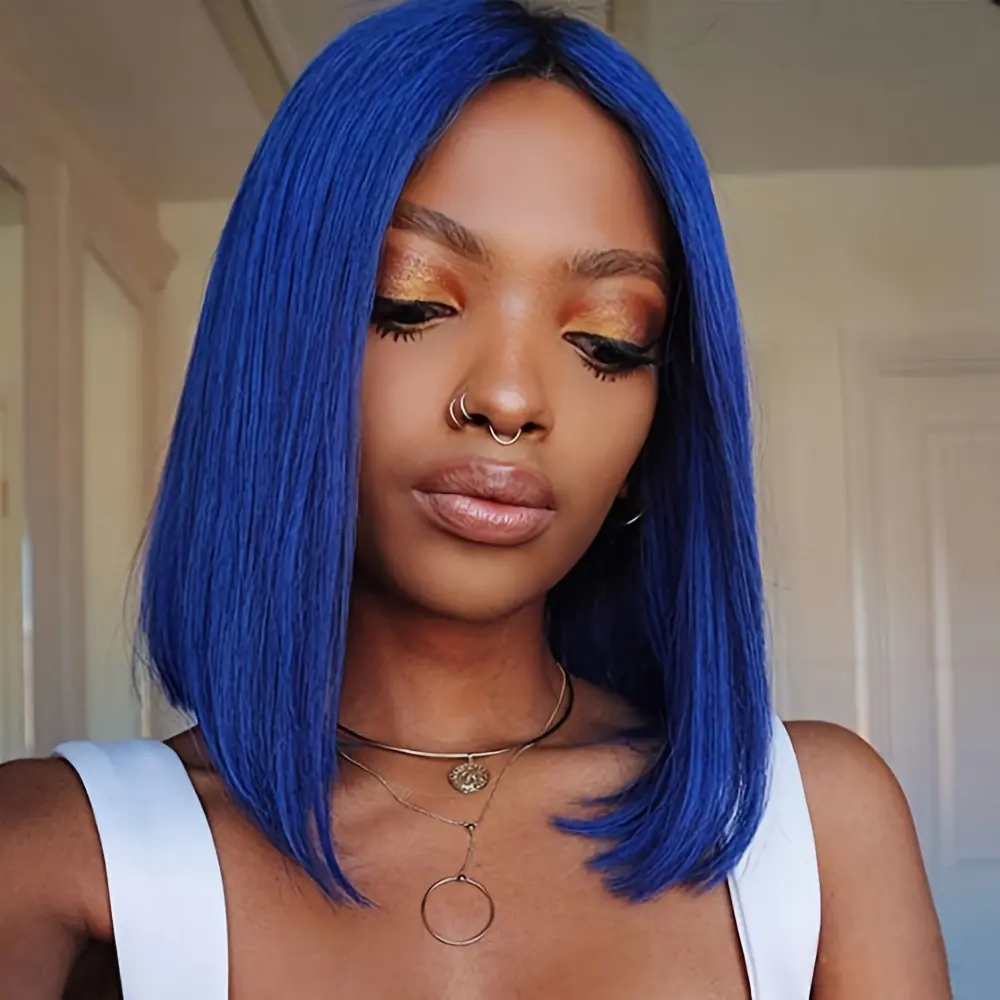 Straight Bob Cut Wigs 13x4 Transparent Lace Front Human Hair Wigs For Women 14 Inch 150% Density blue color bob human hair wig