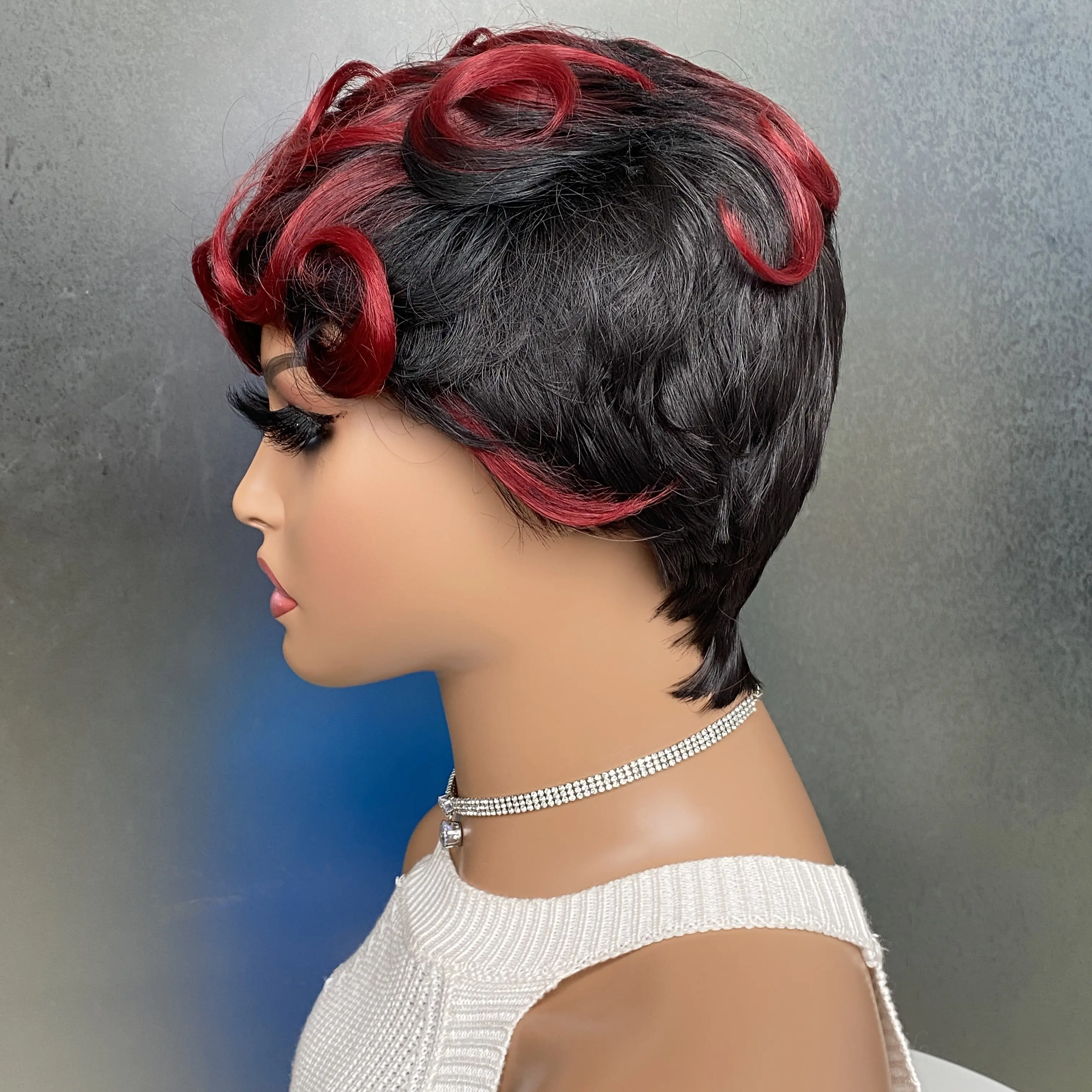 Synthetic wig Short Ombre Burgundy Hair Wigs for Black Women Afro Curly Hairstyles for Women Pixie Cut Wigs with Curly Bangs