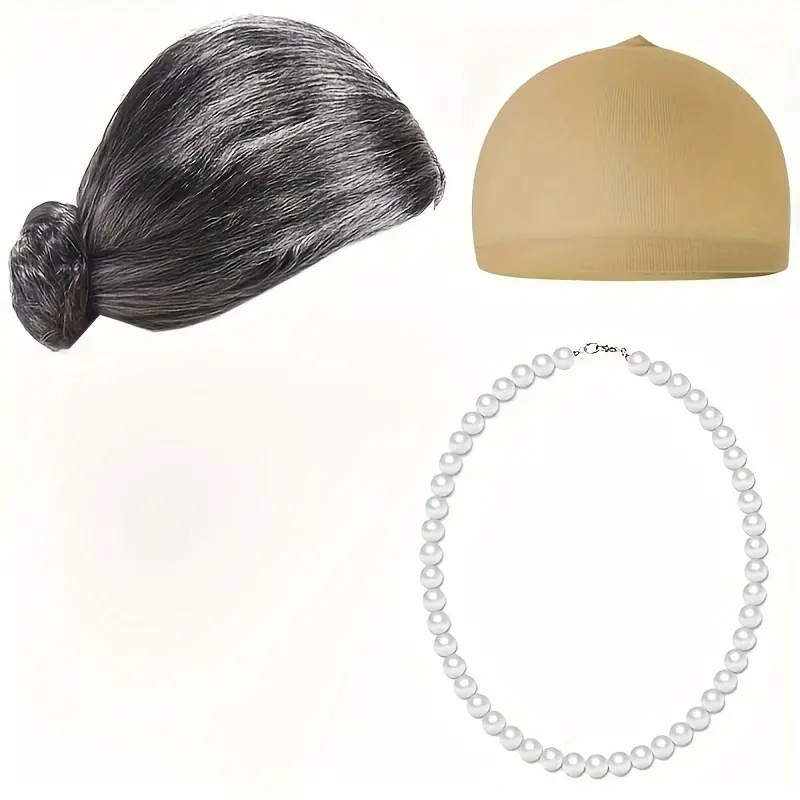 Synthetic wig Old Lady wig Costume Set Gray Hair Granny Wig with pearl necklace wig