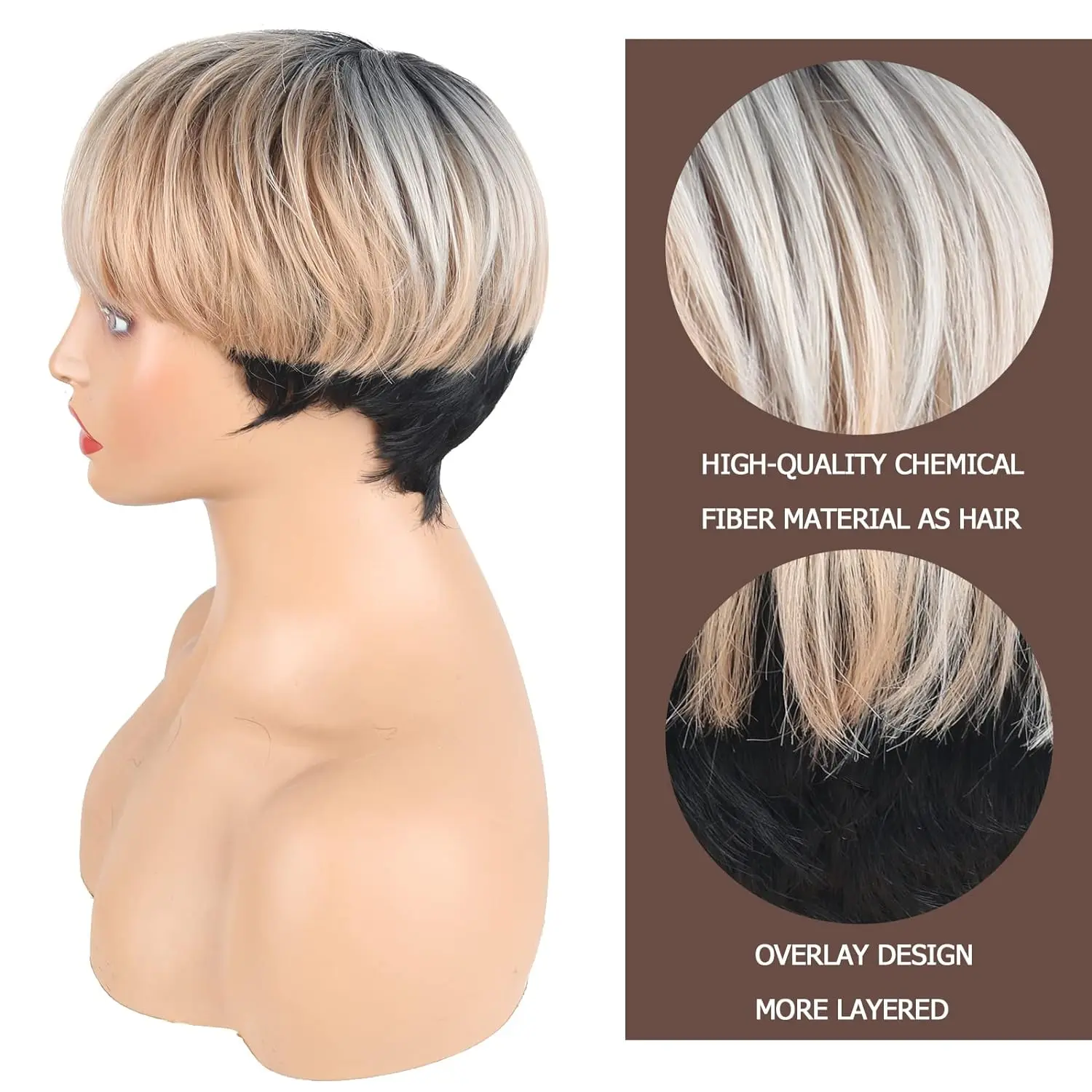 Short Pixie Cut Synthetic Wigs with Bangs for Black Women Brown Mixed Black Color Wigs Straight  Fluffy Layered Hair Wig