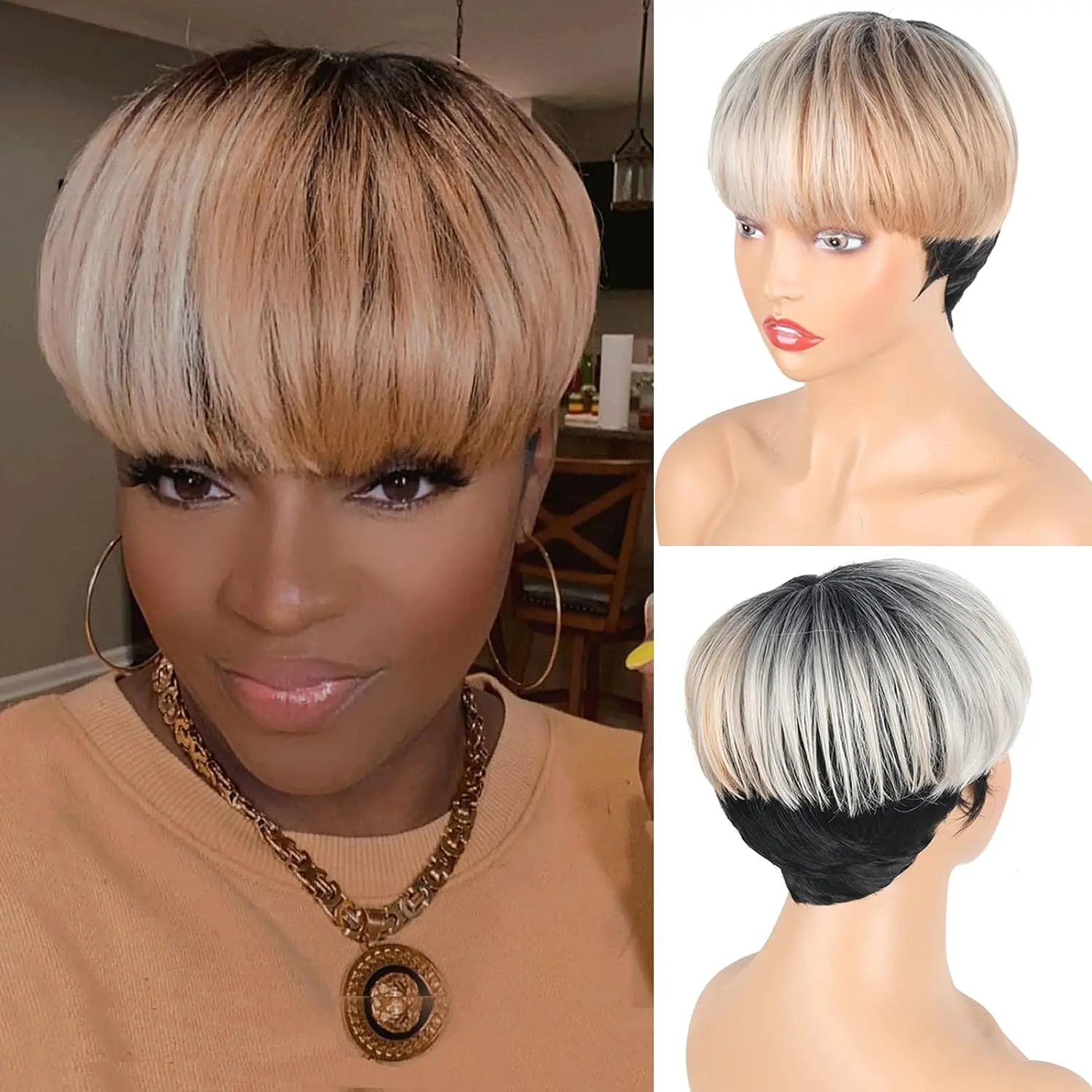 Short Pixie Cut Synthetic Wigs with Bangs for Black Women Brown Mixed Black Color Wigs Straight  Fluffy Layered Hair Wig