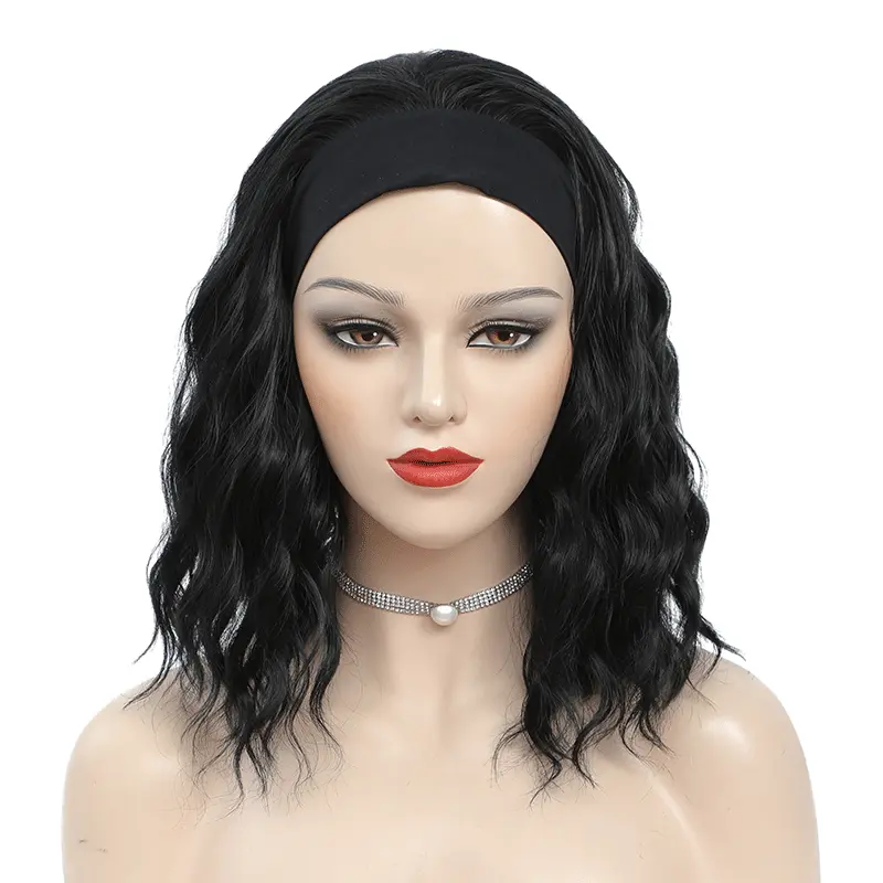 Synthetic Black Short Wavy Headband Wig For Black Women Curly Half Wigs With Headband Attached Wigs Wigs For Women