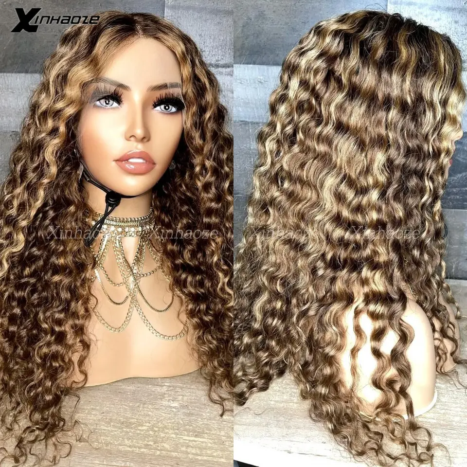 #4/27 Curly 13x6 Lace Front Human Hair Wigs Pre Plucked Natural Hairline Brazilian Deep Wave Remy Hair for Women Bleached Knots