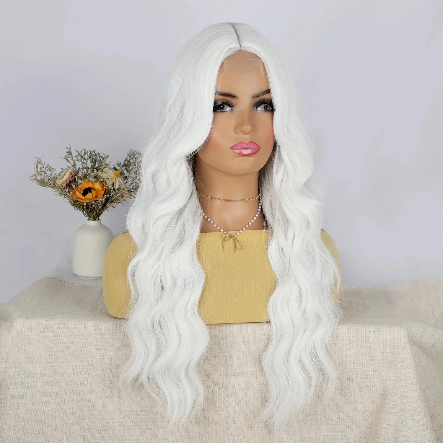 White Synthetic Wig for Women Long Lace Curly Wavy Cute Wigs Middle Part Hair Wigs Halloween Cosplay Daily Party Wigs  28 inch