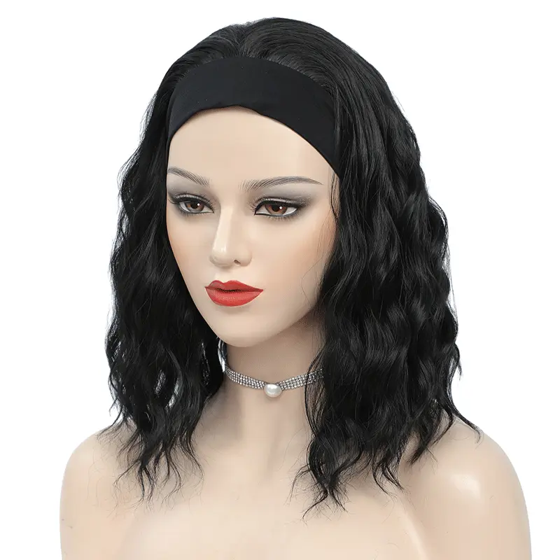 Synthetic Black Short Wavy Headband Wig For Black Women Curly Half Wigs With Headband Attached Wigs Wigs For Women