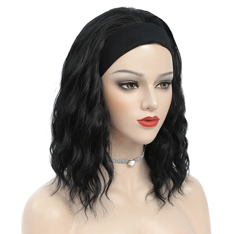 Synthetic Black Short Wavy Headband Wig For Black Women Curly Half Wigs With Headband Attached Wigs Wigs For Women