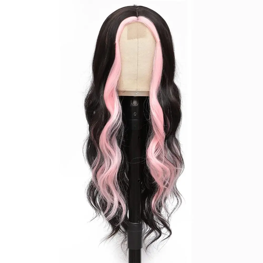 Long Synthetic Wavy Highlight Wigs Pink Skunk Stripe Wig Long Body Wave Wig Middle Part Black with Pink Highlights Wigs for Wome