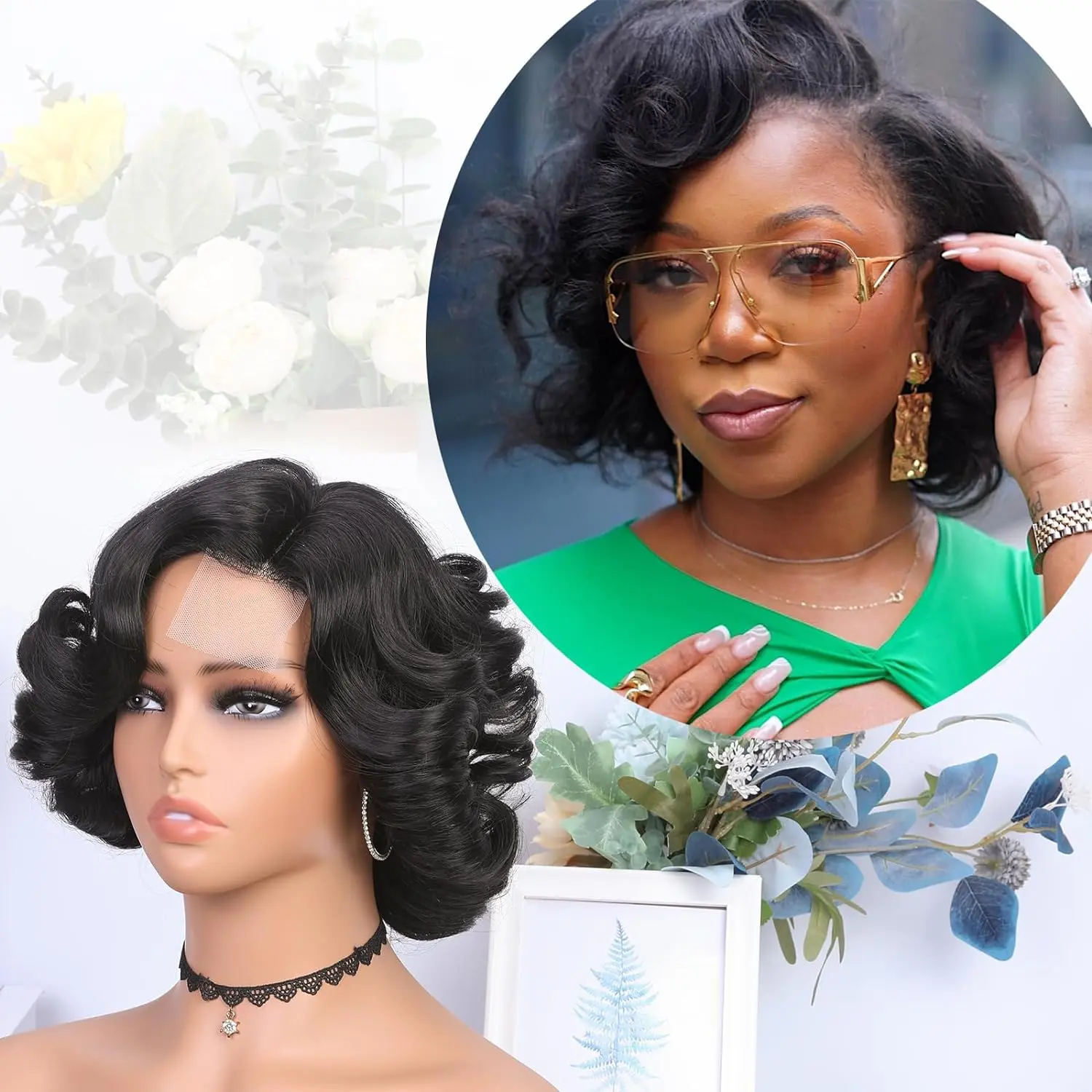 Short Synthetic Wig Curly Bob Wigs Loose Wave Side Part Wig for Black Women Heat Resistant Weave Full Wigs