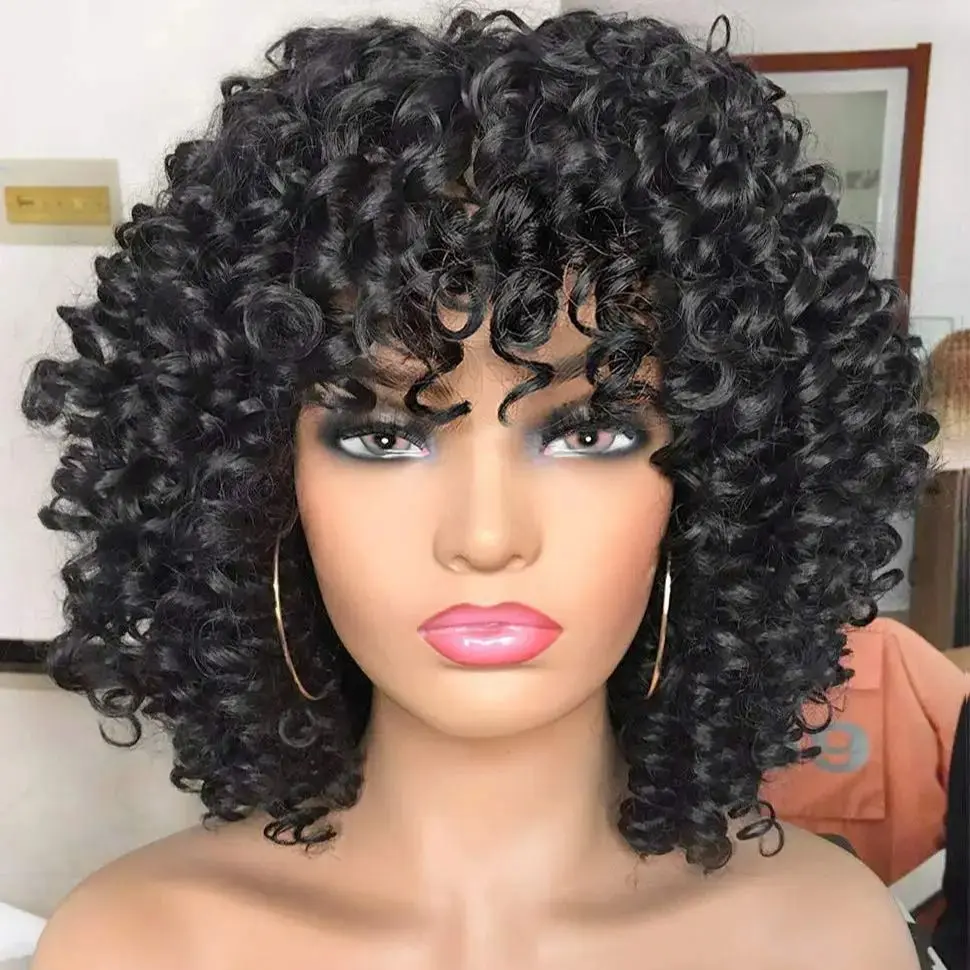 Short Curly Synthetic Wigs For Black Women With Bangs Afro Short Kinky Curly Big Bouncy Hair Wig 14 inch