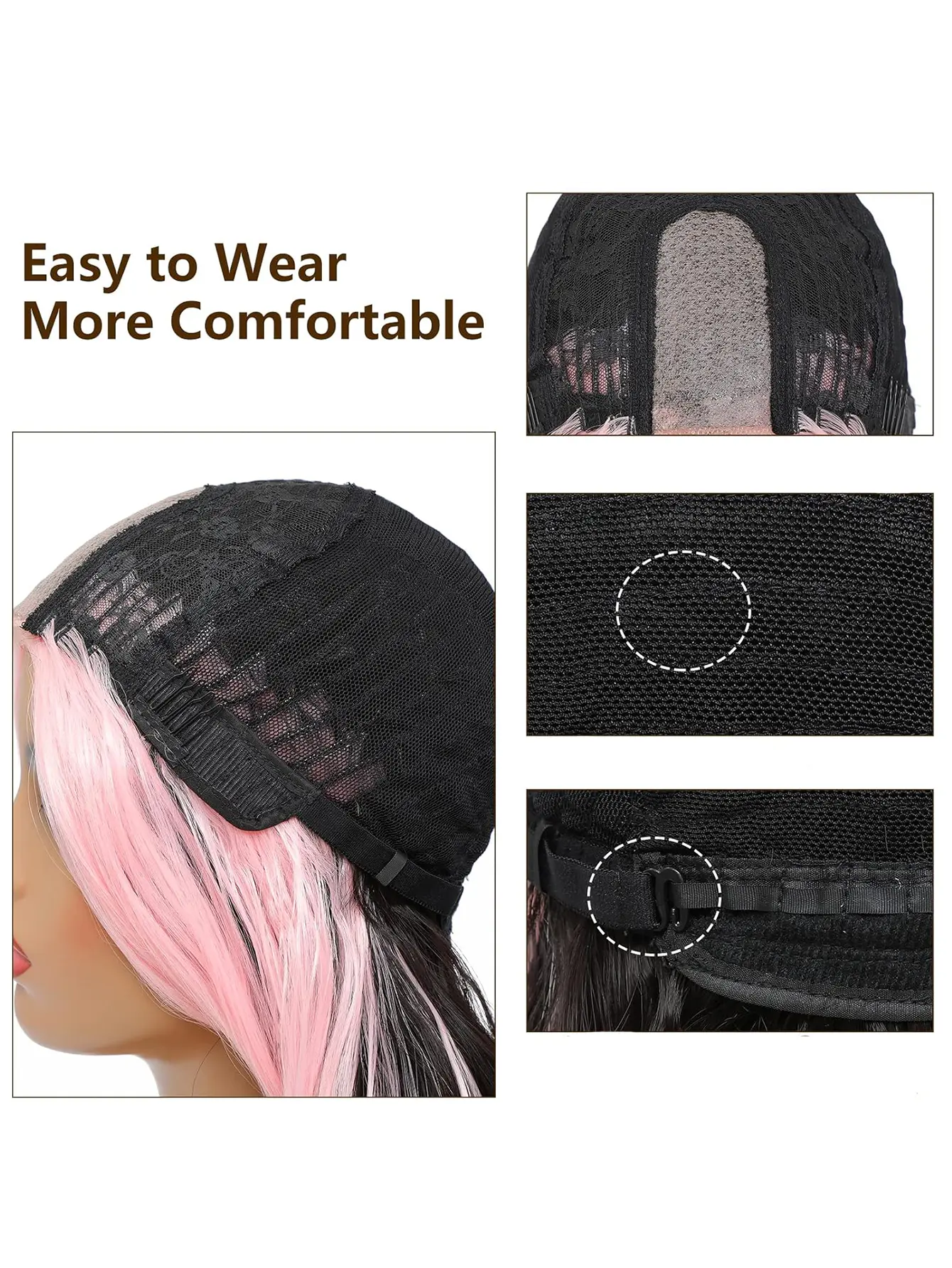 Long Synthetic Wavy Highlight Wigs Pink Skunk Stripe Wig Long Body Wave Wig Middle Part Black with Pink Highlights Wigs for Wome