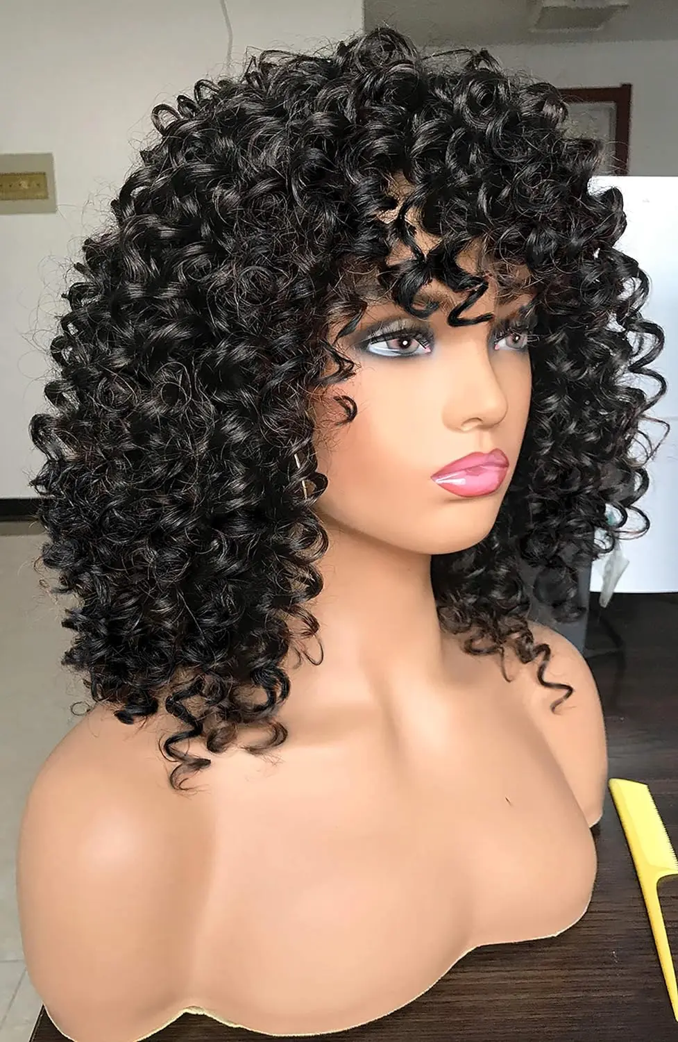 Short Curly Synthetic Wigs For Black Women With Bangs Afro Short Kinky Curly Big Bouncy Hair Wig 14 inch