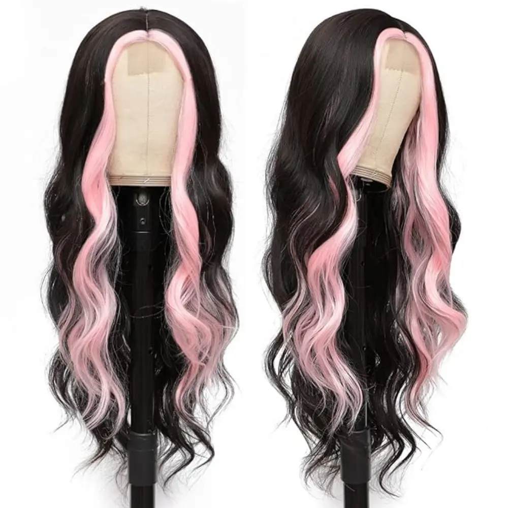 Long Synthetic Wavy Highlight Wigs Pink Skunk Stripe Wig Long Body Wave Wig Middle Part Black with Pink Highlights Wigs for Wome