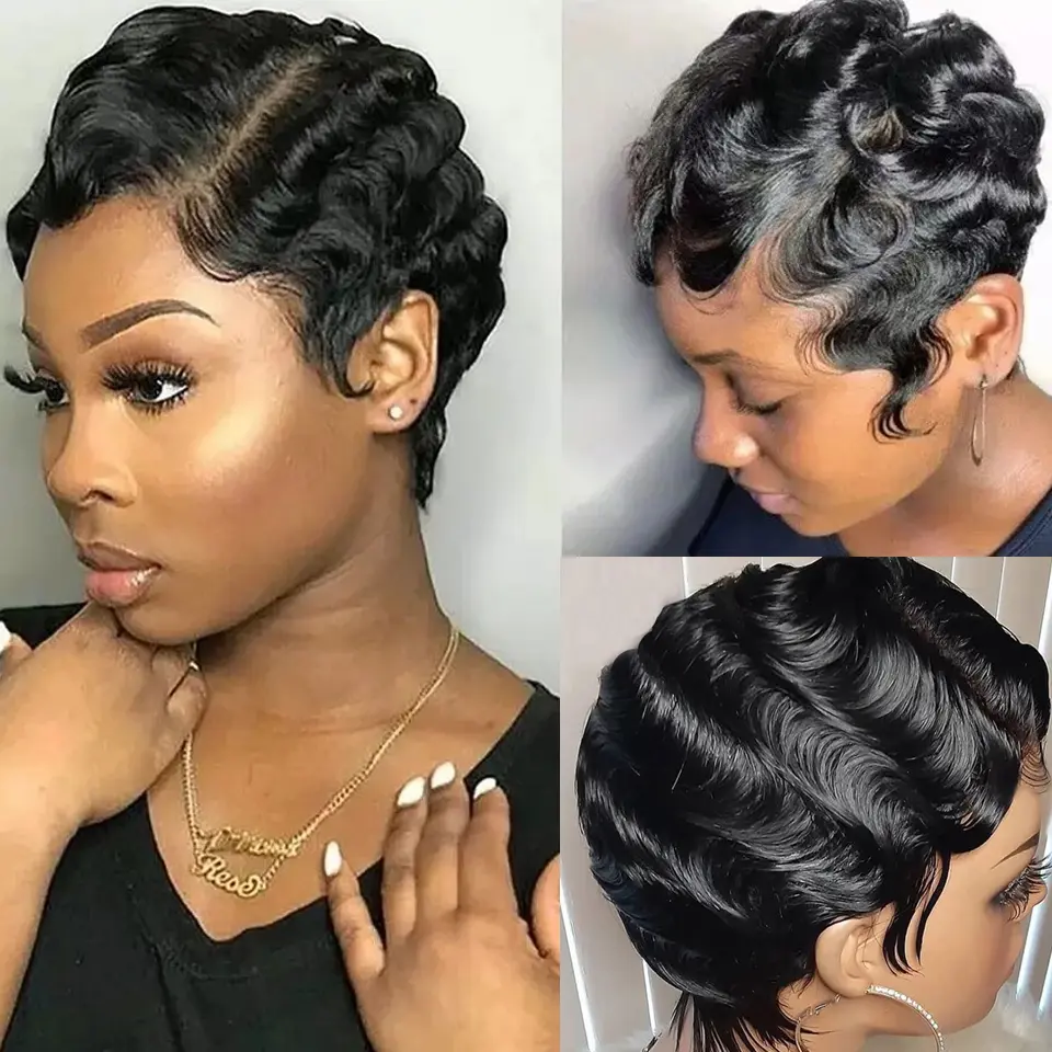 Short Pixie Cut Wig Full Machine Made Human Hair Wig  Finger Wave Remy Hair Wig Ocean Wave Wig for Women