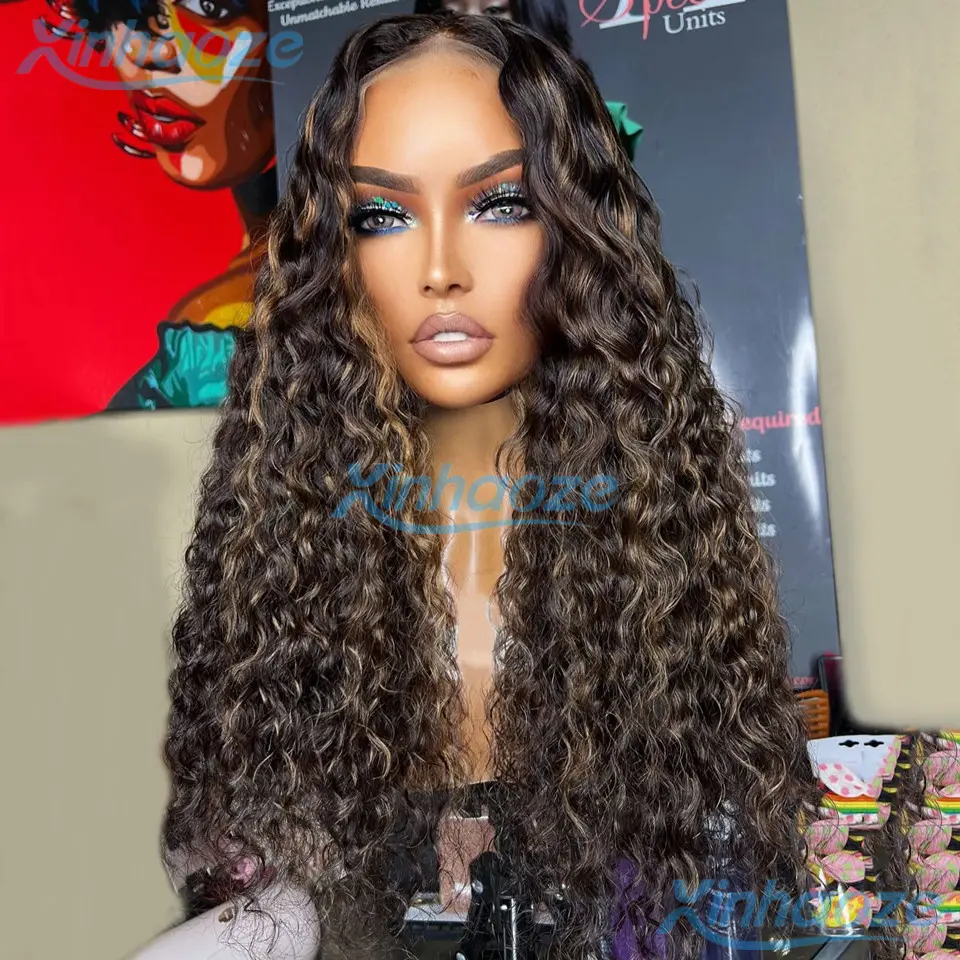 Dark Brown Thin Line Highlight Glueless Deep Water Wavy 5x5 Silk Top Closure Wigs Bleached Knots Curly 13x6/360 Lace Front Wigs