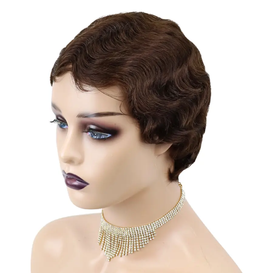 Short Pixie Cut Wig Full Machine Made Human Hair Wig  Finger Wave Remy Hair Wig Ocean Wave Wig for Women