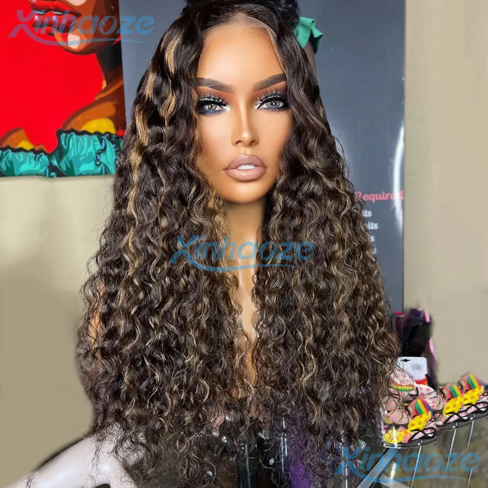 Dark Brown Thin Line Highlight Glueless Deep Water Wavy 5x5 Silk Top Closure Wigs Bleached Knots Curly 13x6/360 Lace Front Wigs