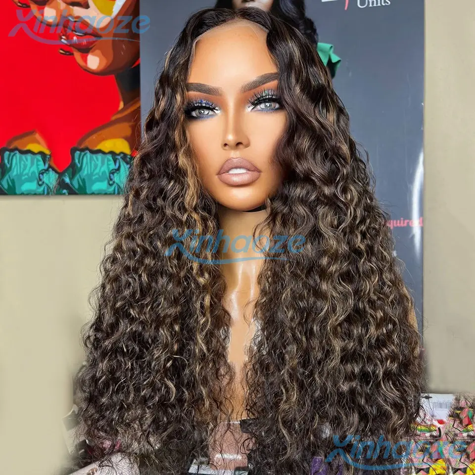 Dark Brown Thin Line Highlight Glueless Deep Water Wavy 5x5 Silk Top Closure Wigs Bleached Knots Curly 13x6/360 Lace Front Wigs