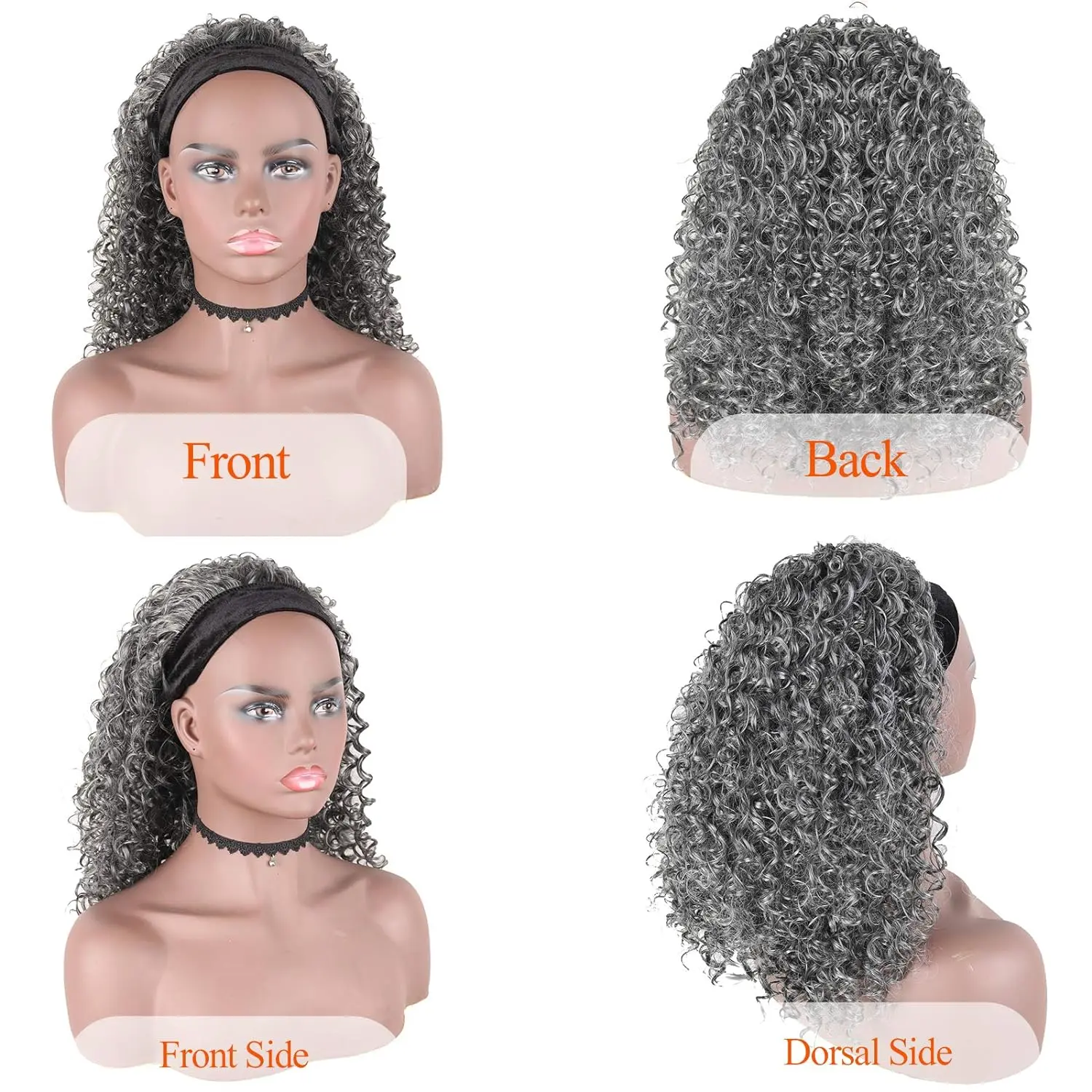 Short Afro Kinky Curly Grey Headband Wigs for Black Women Synthetic Curly Headband Wig Black Headband Wig
