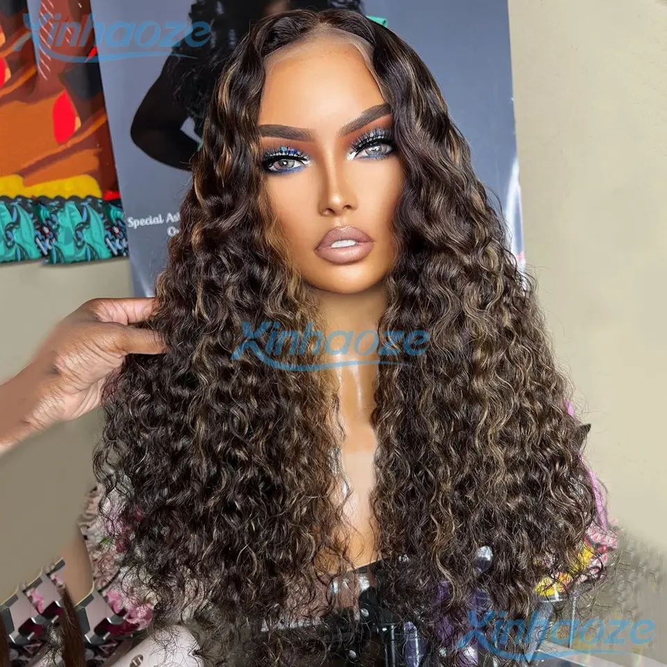 Dark Brown Thin Line Highlight Glueless Deep Water Wavy 5x5 Silk Top Closure Wigs Bleached Knots Curly 13x6/360 Lace Front Wigs