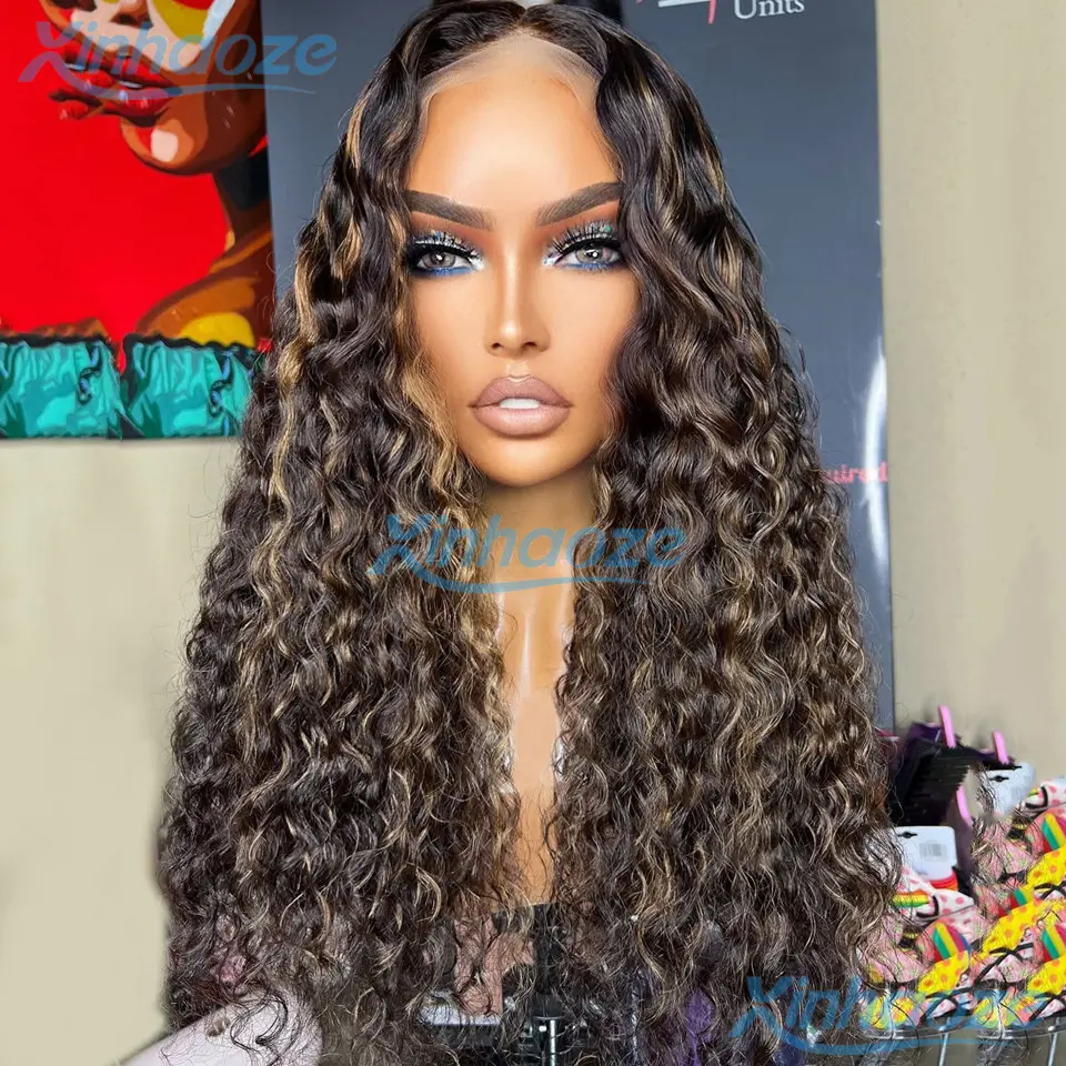 Dark Brown Thin Line Highlight Glueless Deep Water Wavy 5x5 Silk Top Closure Wigs Bleached Knots Curly 13x6/360 Lace Front Wigs