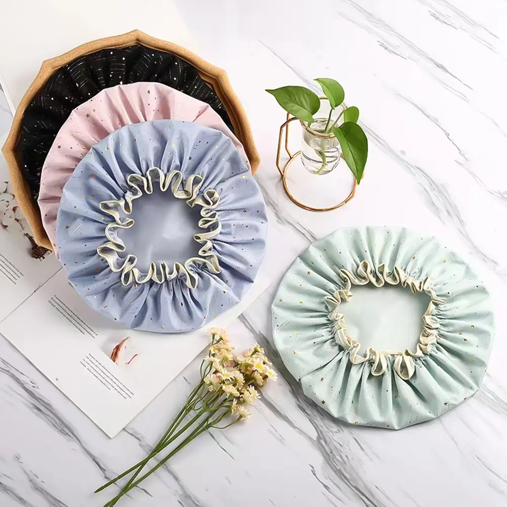 Double-layer Water-proof Shower Cap Antifouling Kitchen Hair Cover Bathroom Bath Hat Elastic Comfortable Design Fashion